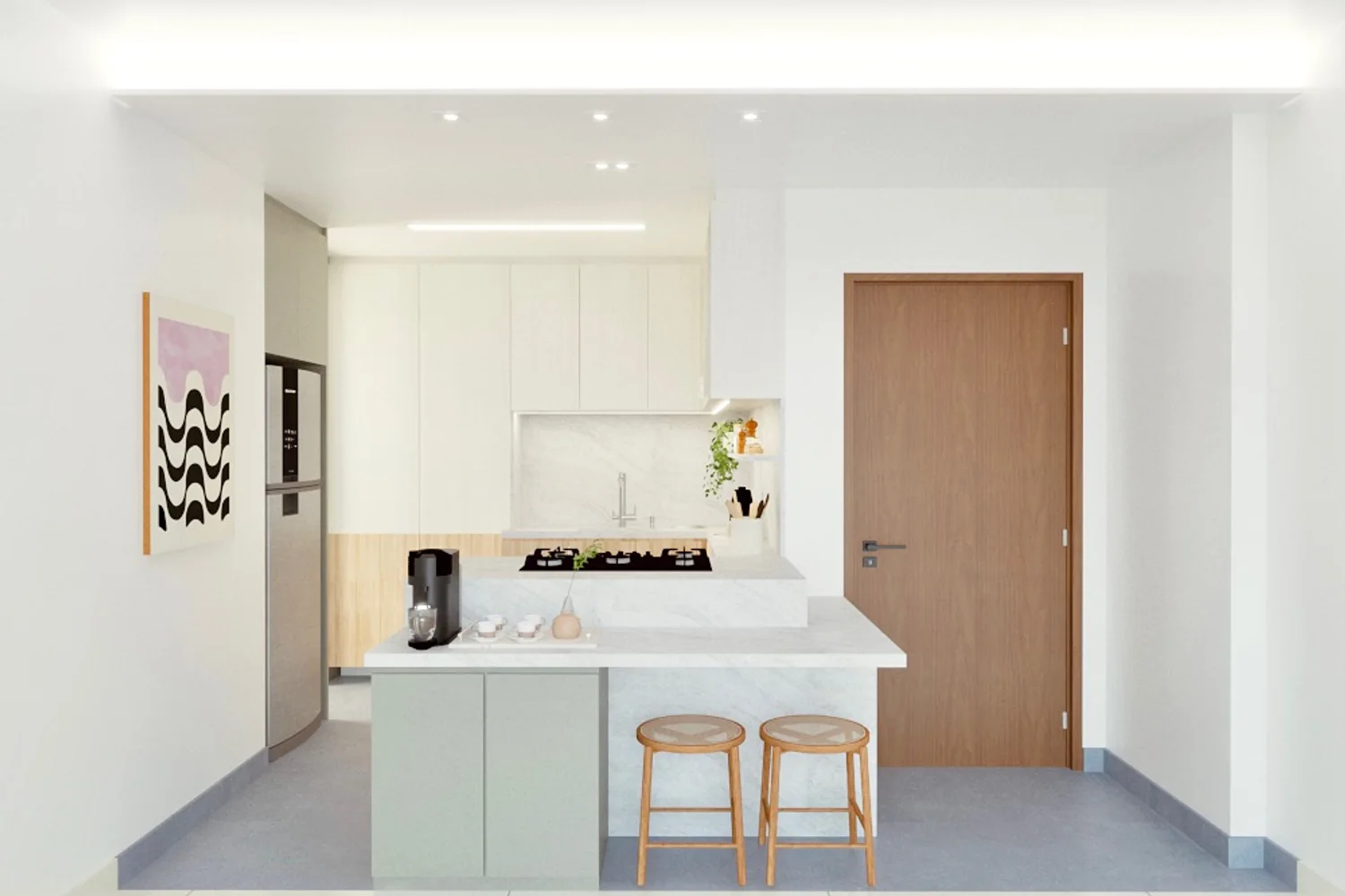 Apartamento Aqua, cozinha clara e integrada com bancada branca