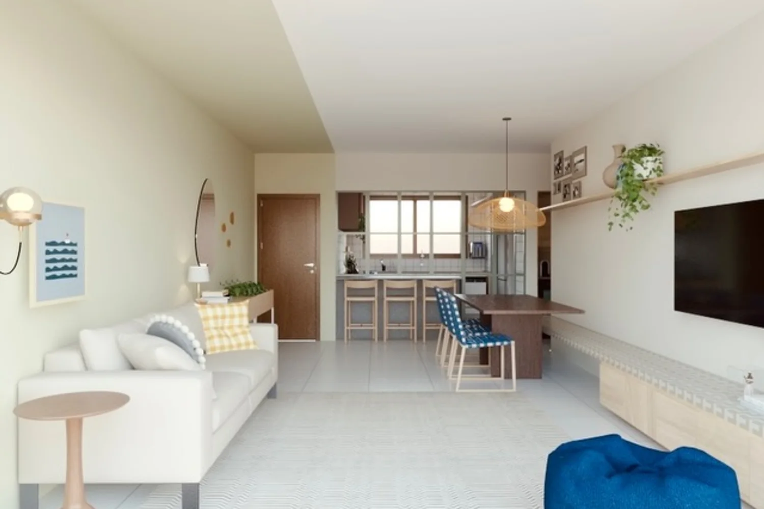 Apartamento Tucano, sala integrada e clara de um apartamento de praia